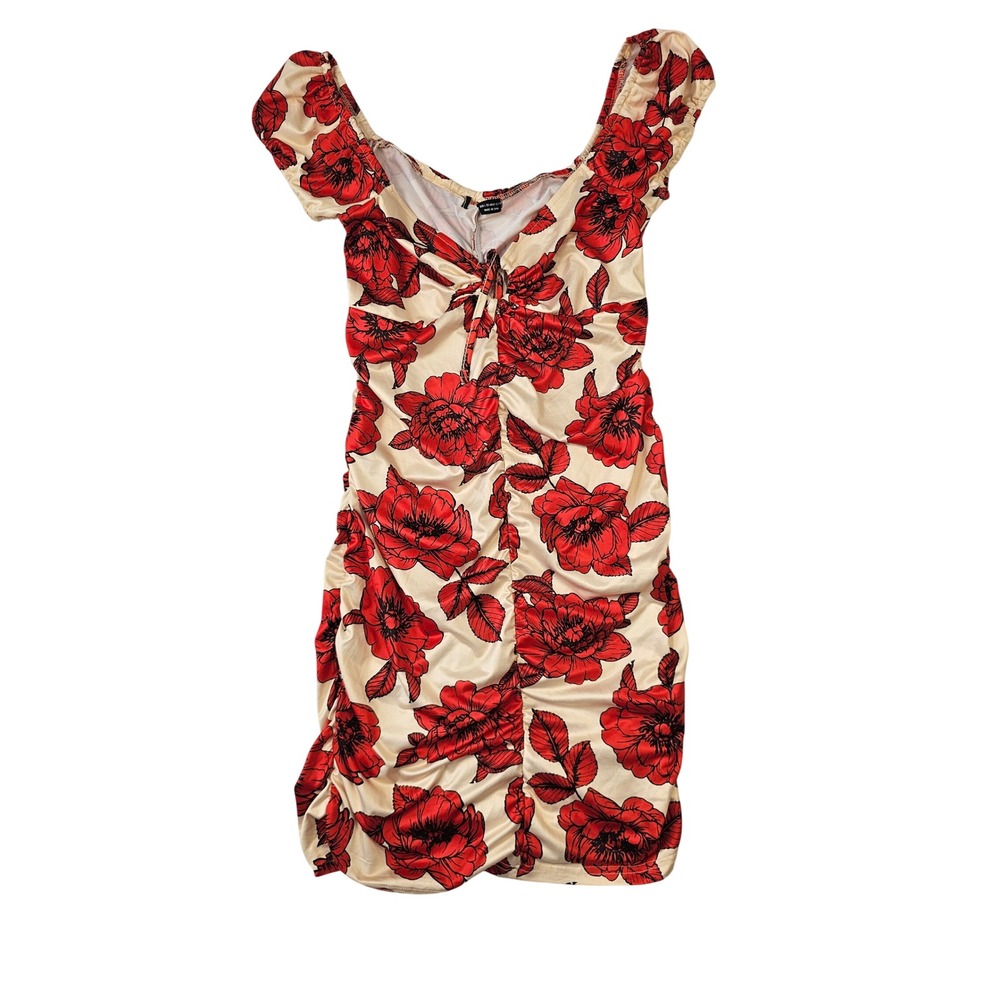 Shein Floral Ruched Bodycon Dress Red Rose Print Off Shoulder Sweetheart Large